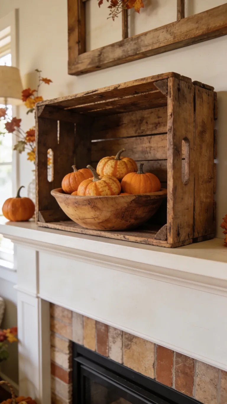 Repurpose a Wooden Bowl or Crate - budget fall mantel decor idea