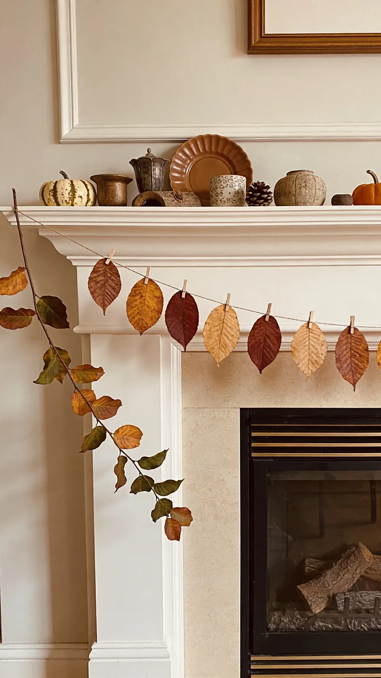 Make a Simple Leaf Garland - budget fall mantel decor idea