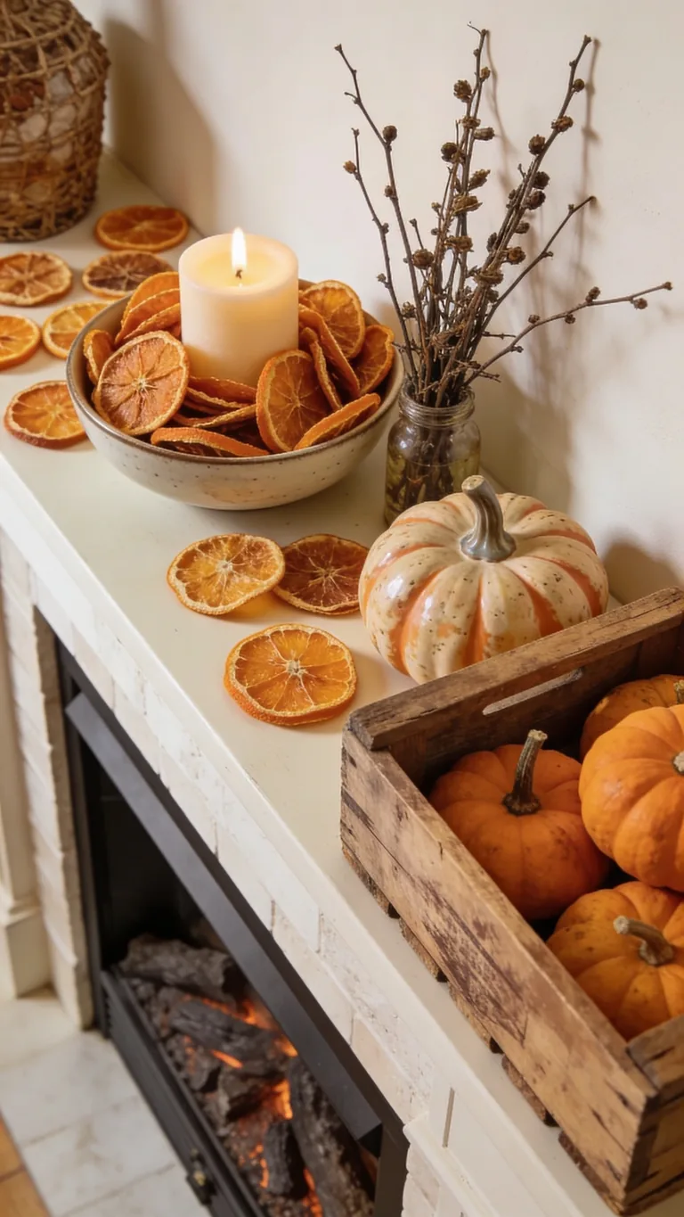 Add Dried Orange Slices - budget fall mantel decor idea