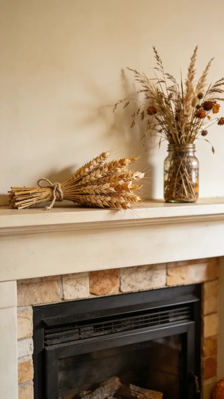 Use Dried Grasses and Wheat - budget fall mantel decor idea