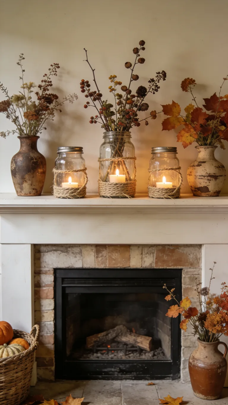 Repurpose Mason Jars - budget fall mantel decor idea