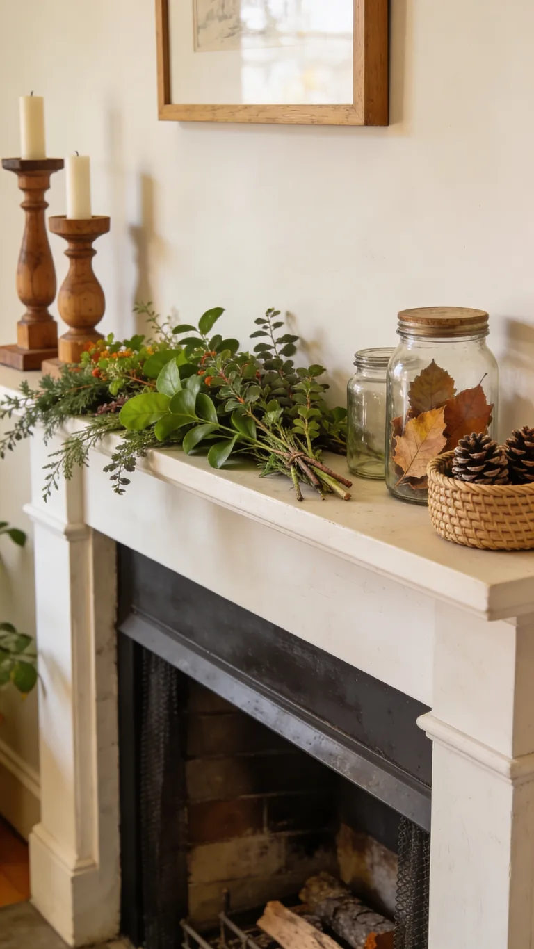 Use What Greenery You Have - budget fall mantel decor idea