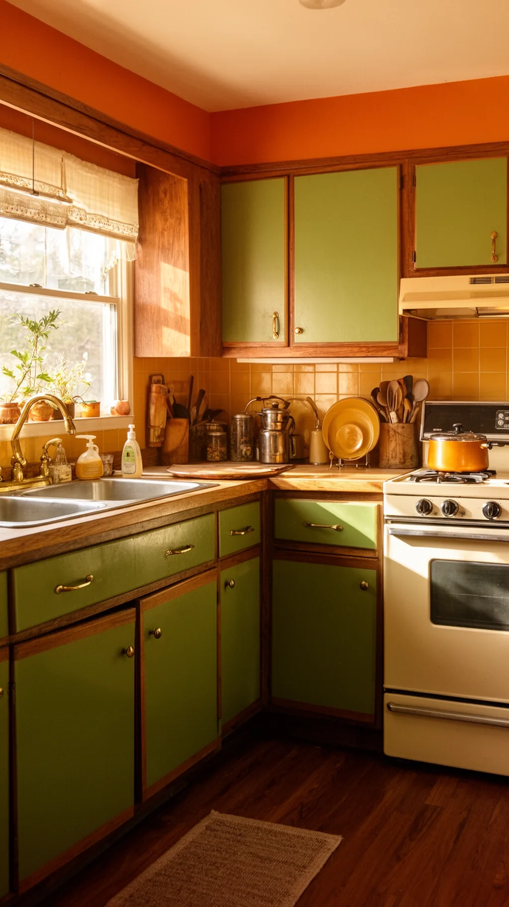 avocado green and wood kitchen palette