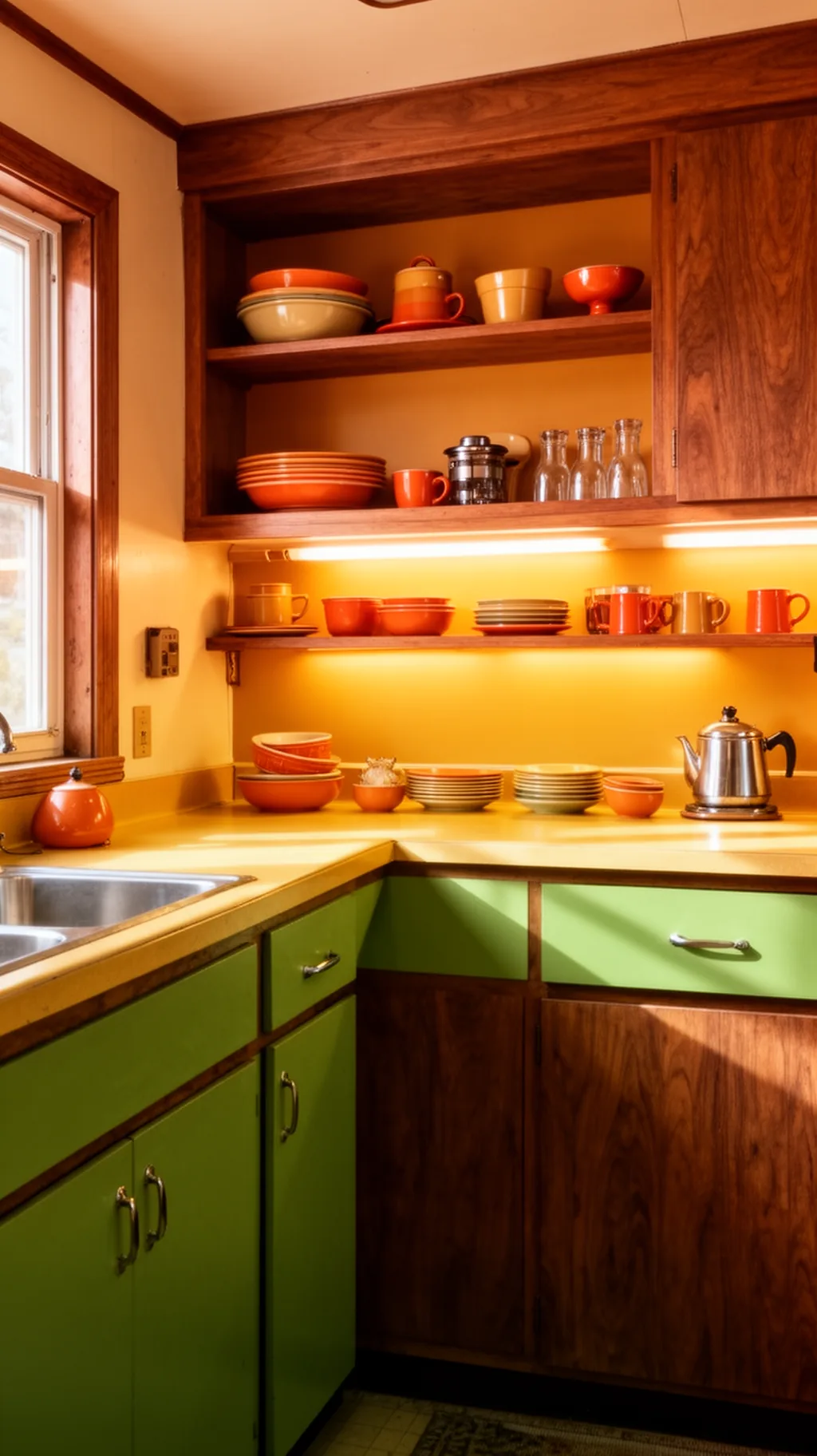 under cabinet lighting in a retro kitchen