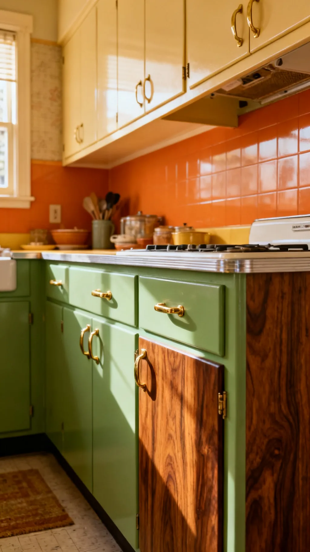 avocado green cabinets with brass pulls in a retro kitchen