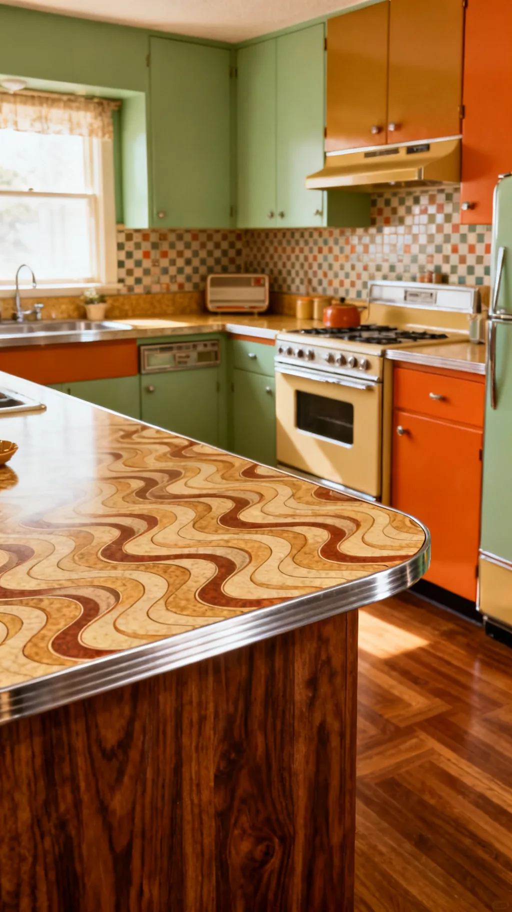 boomerang laminate countertop in a 1960s style kitchen