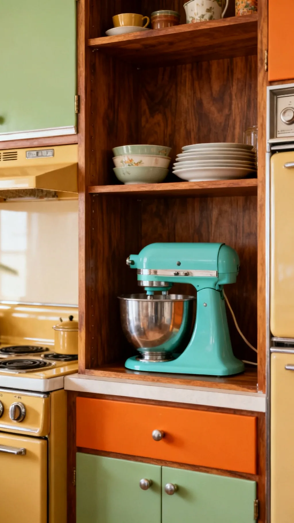 turquoise retro appliances on open kitchen shelves