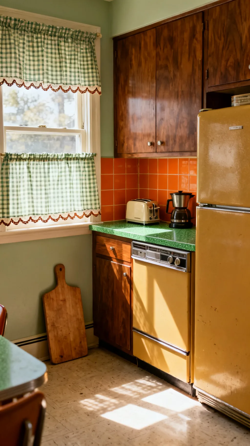 retro cafe curtains with trim in a vintage kitchen