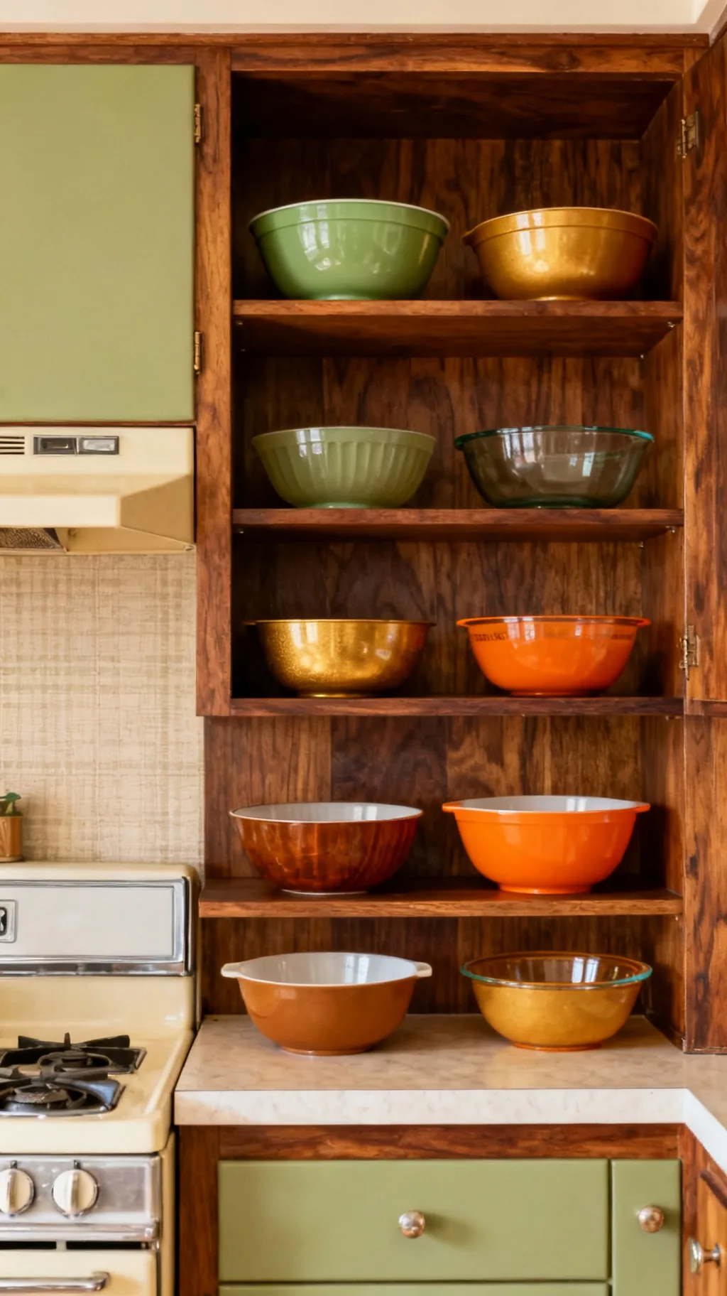 vintage Pyrex bowls displayed on open kitchen shelving