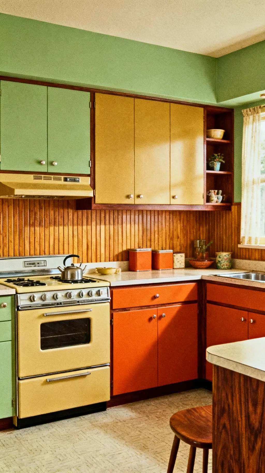 wood paneled accent wall in a mid-century kitchen