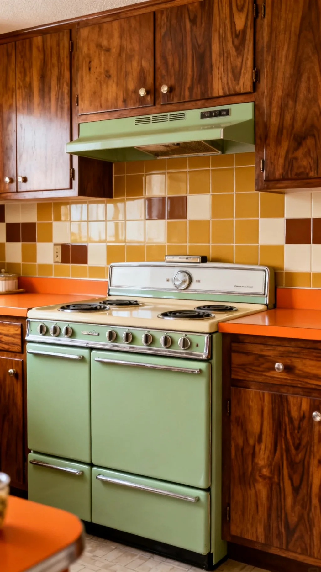 mustard and brown retro backsplash tile in a kitchen
