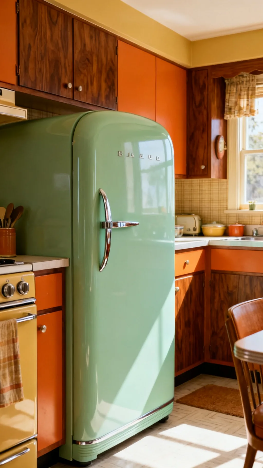 rounded mint green retro refrigerator in a kitchen
