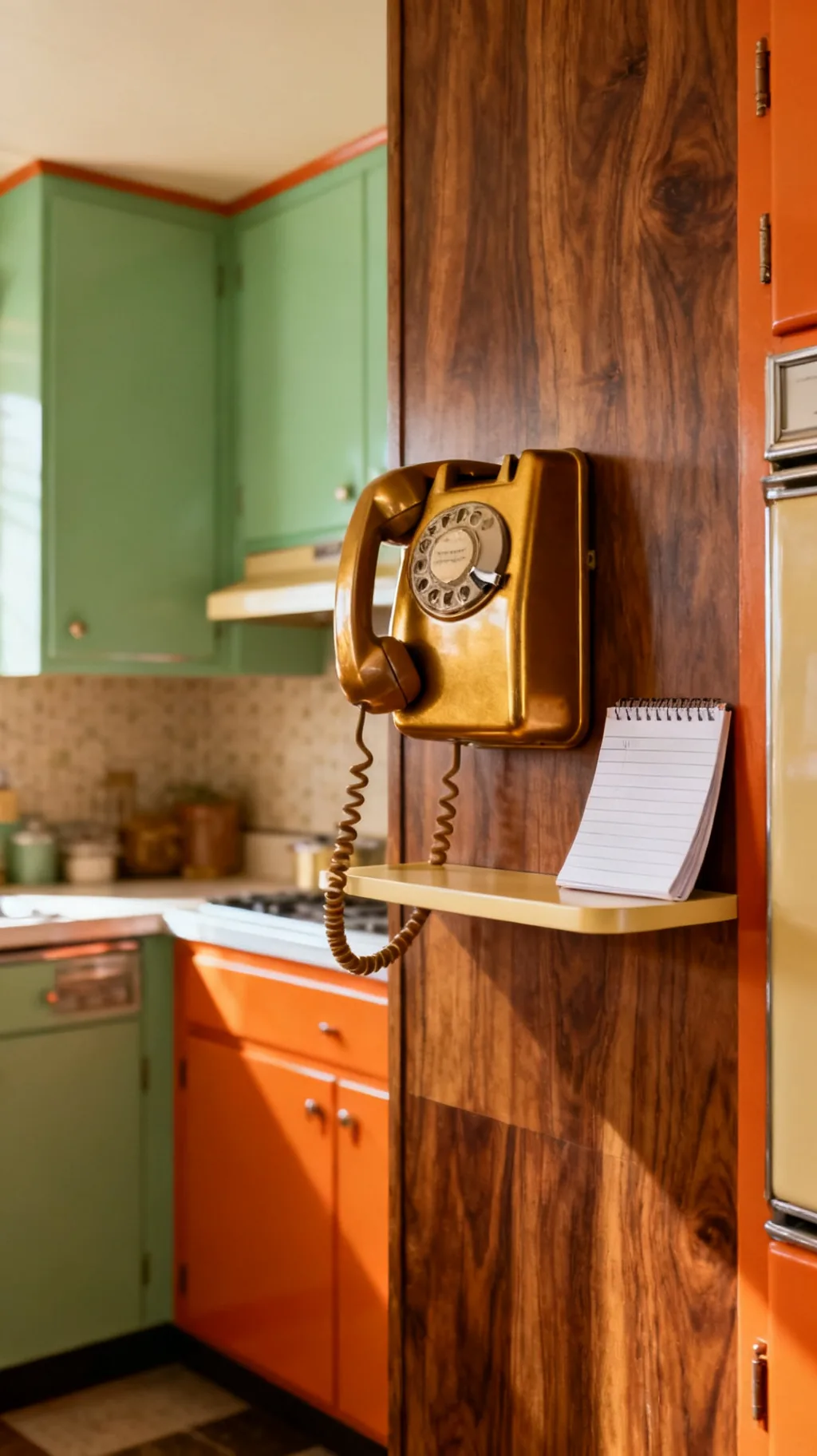 vintage rotary wall phone nook in a mid-century kitchen