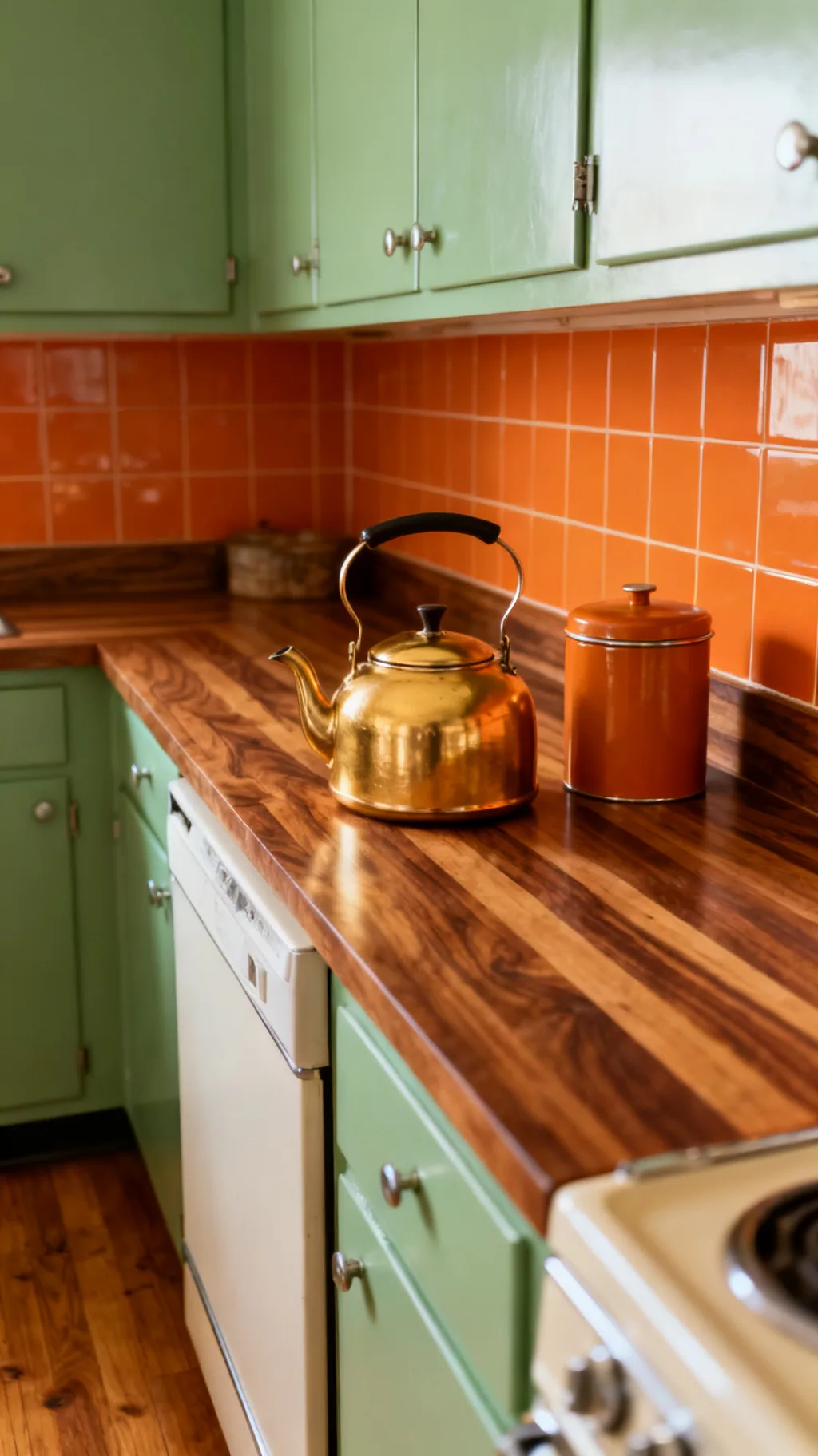 harvest gold kettle and canisters on a retro wood counter