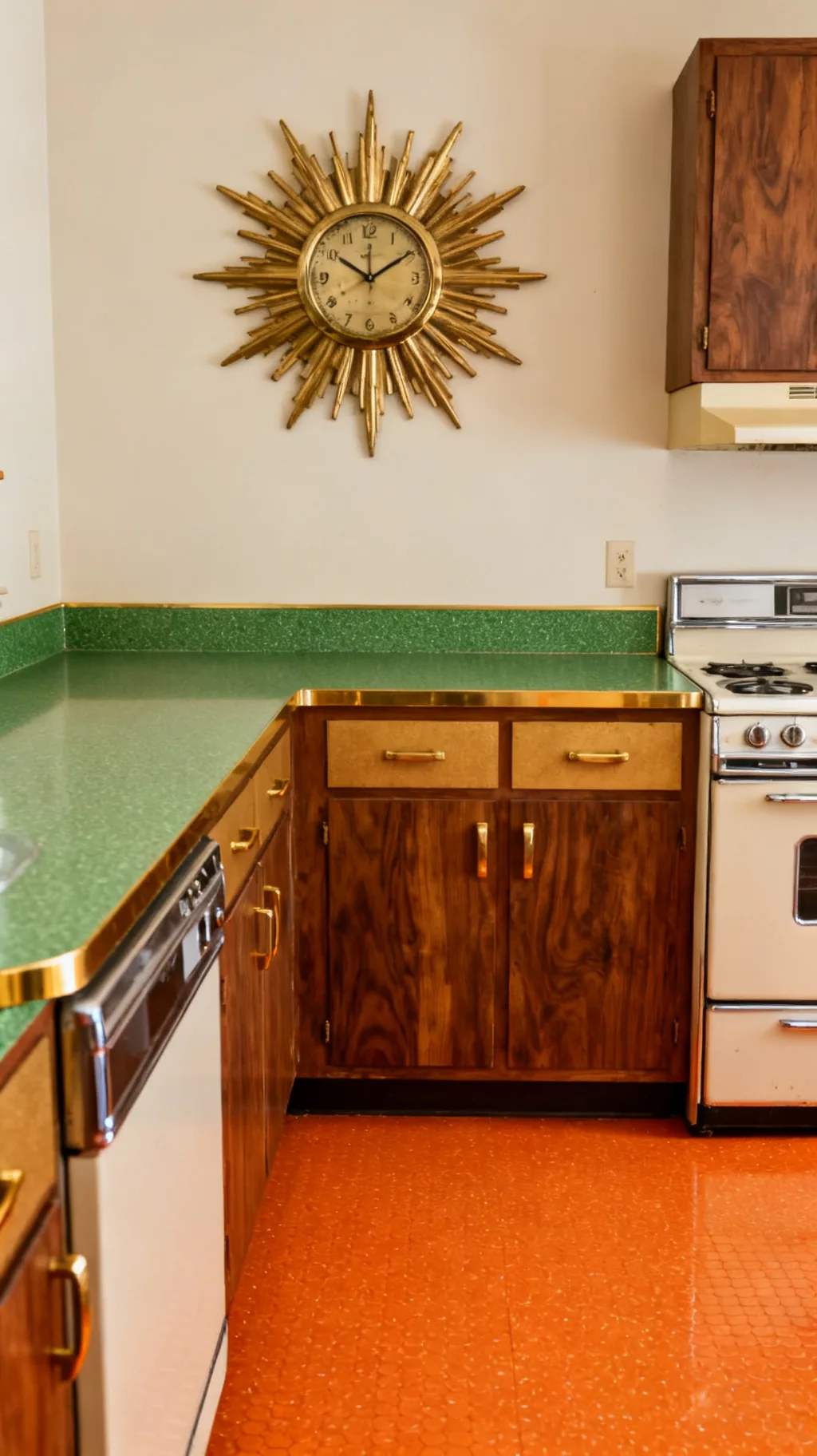 sunburst wall clock in a mid-century kitchen