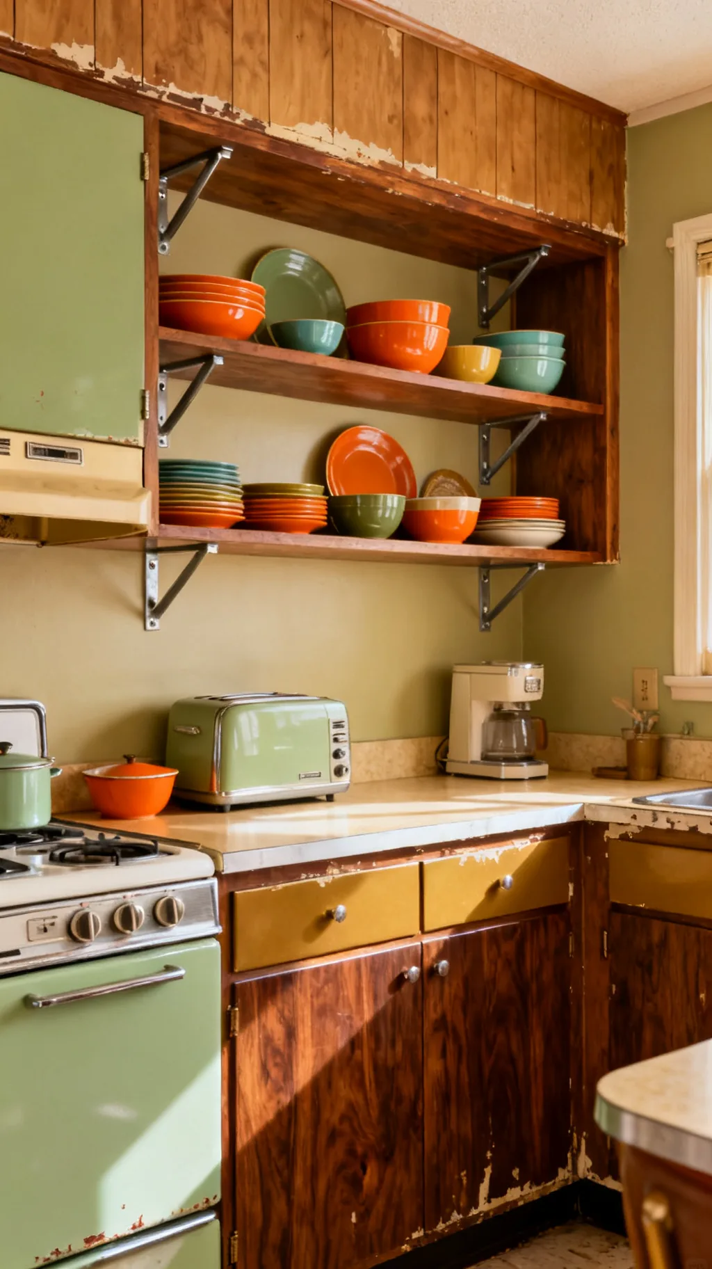 open wood shelving with retro dishes in a kitchen