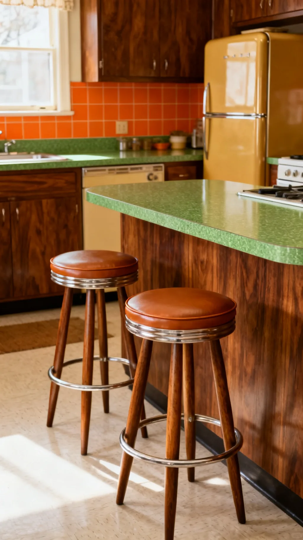 mid-century bar stools at a retro kitchen counter