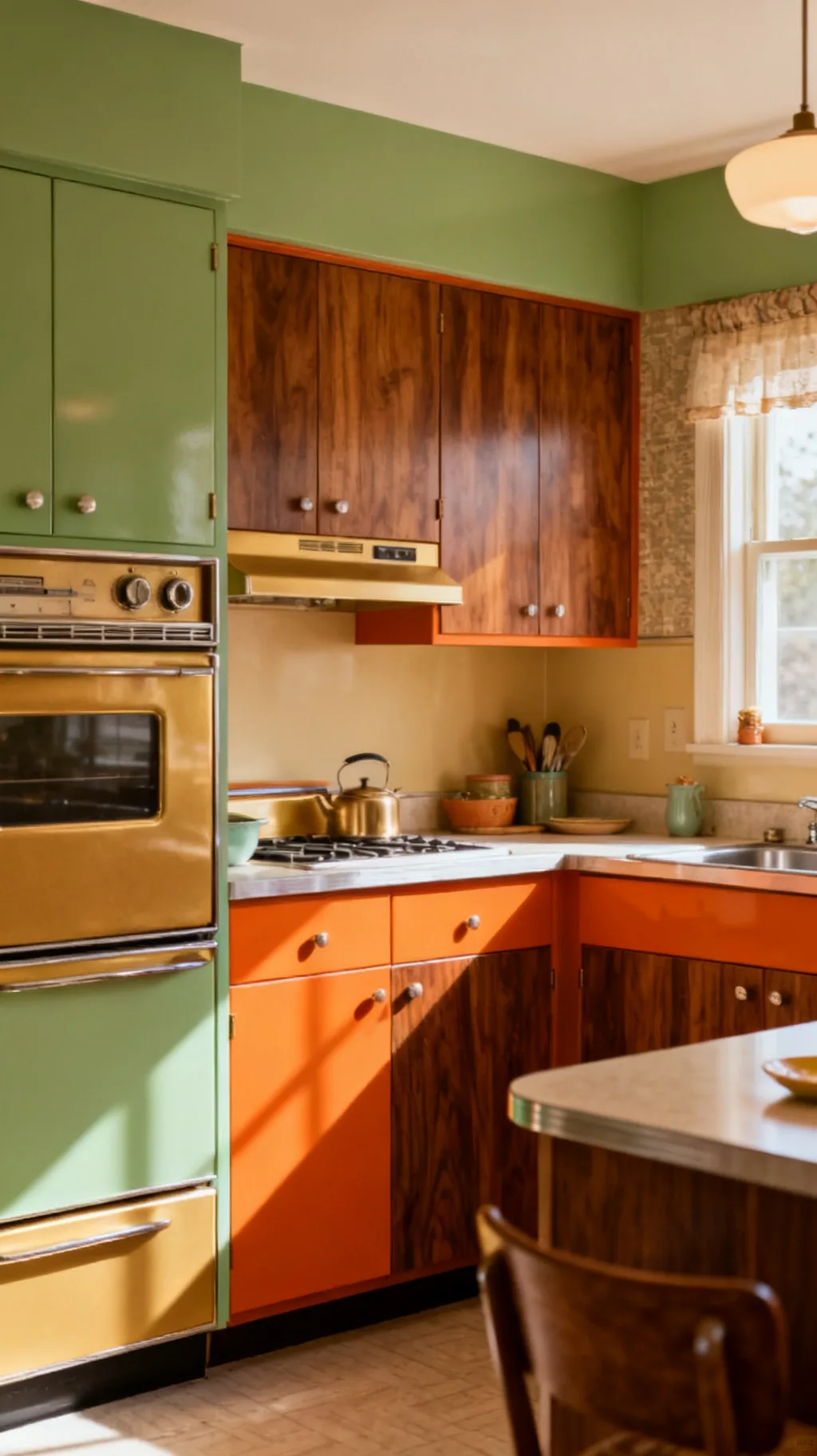 groovy 1960s kitchen color palette with wood cabinets