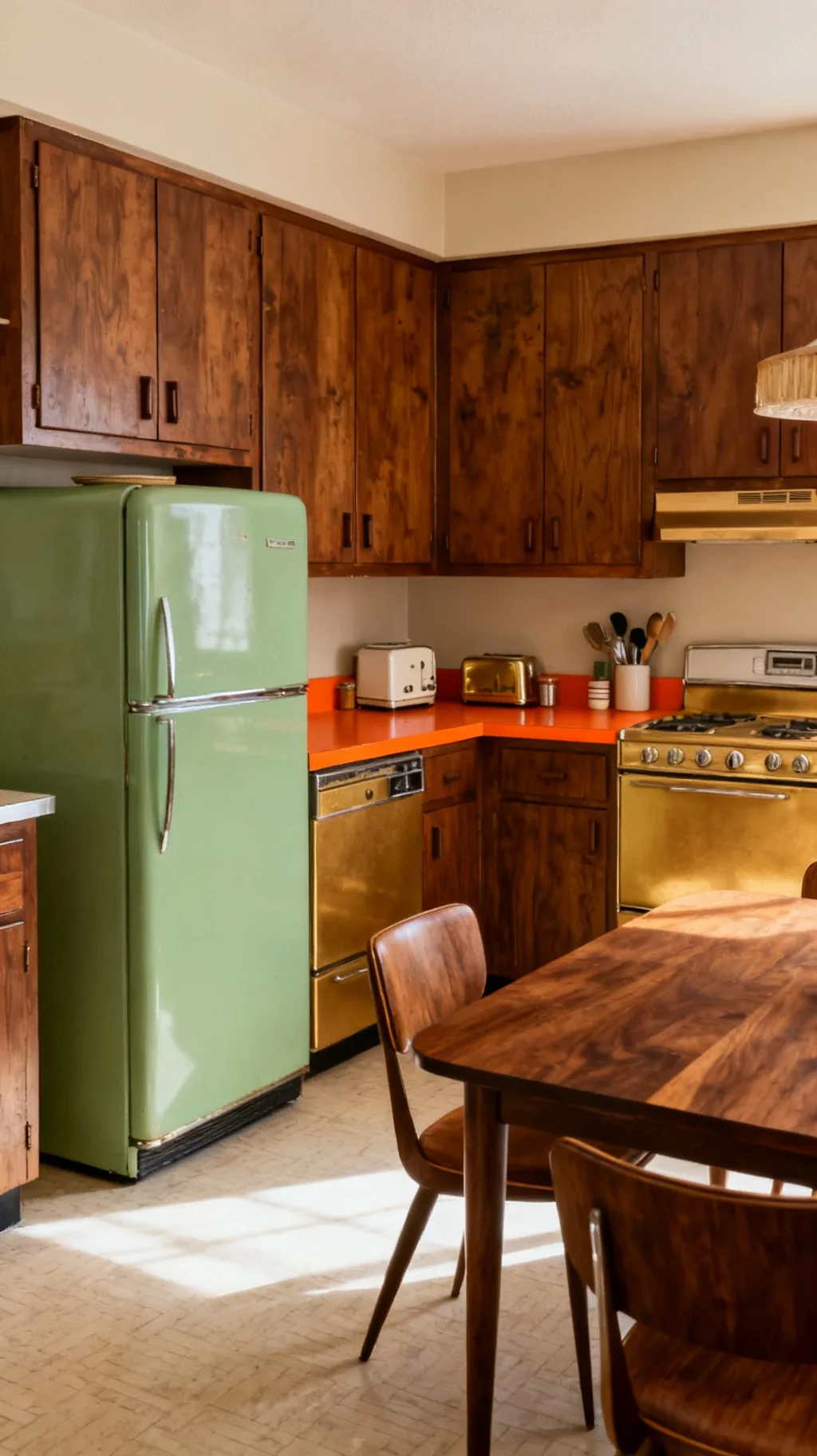 walnut wood cabinets in a mid-century kitchen