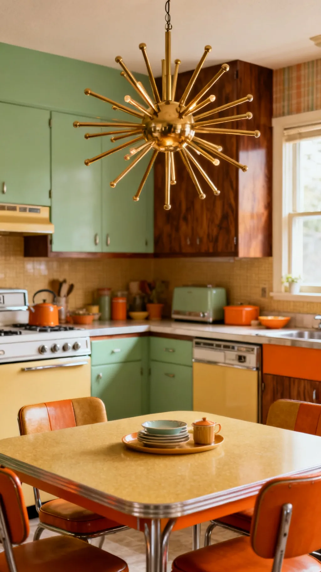 mod sputnik light fixture over a mid-century kitchen table
