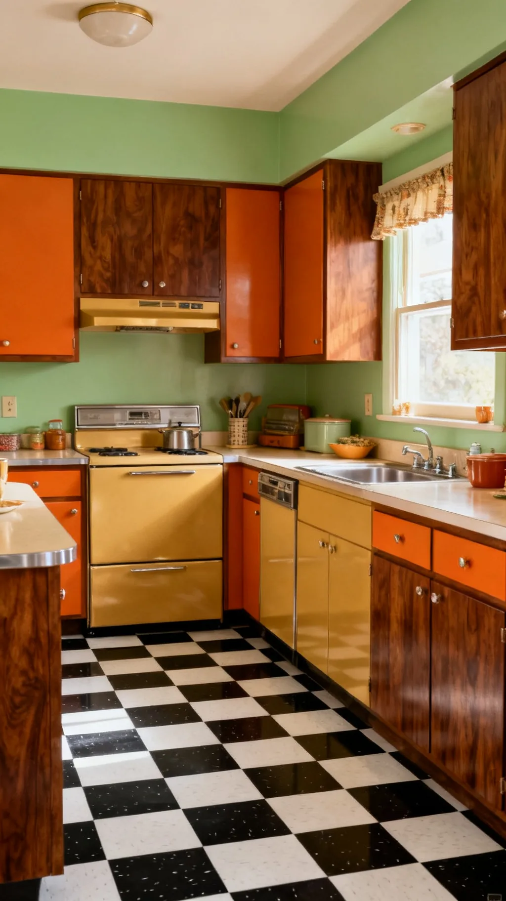 checkerboard vinyl floor in a 1960s style kitchen