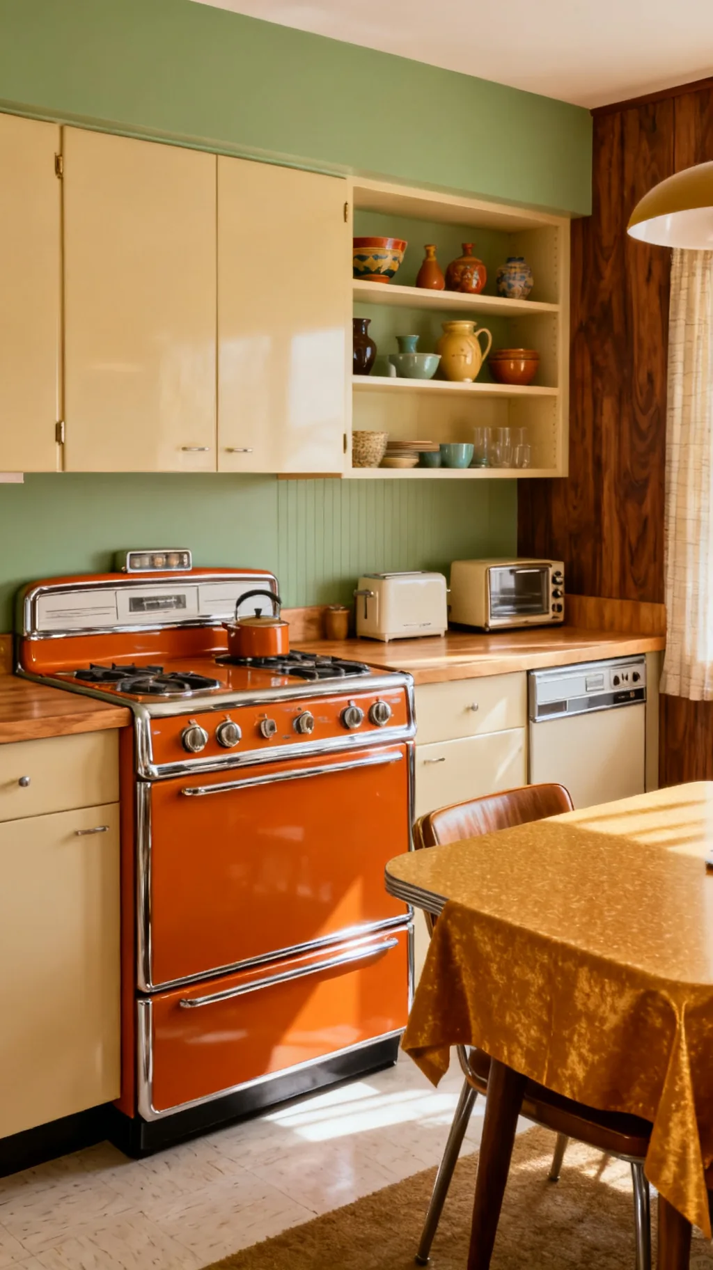 burnt orange retro range in a mid-century kitchen