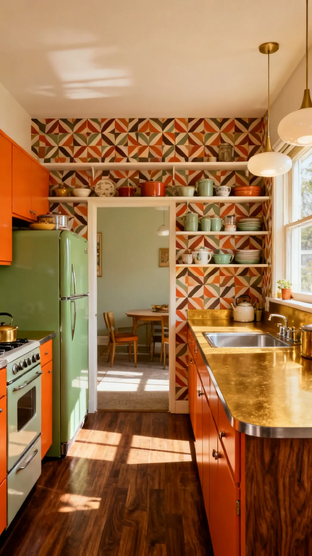 geometric retro wallpaper on a kitchen accent wall