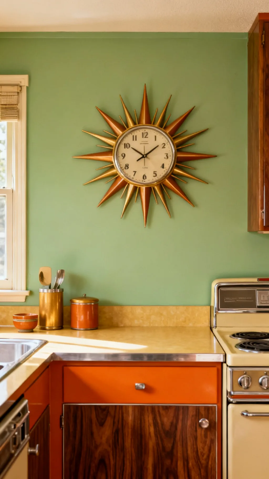 atomic starburst clock in a mid-century kitchen