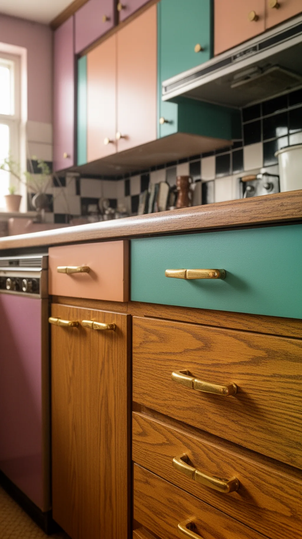 Brass cabinet pulls in an 80s kitchen