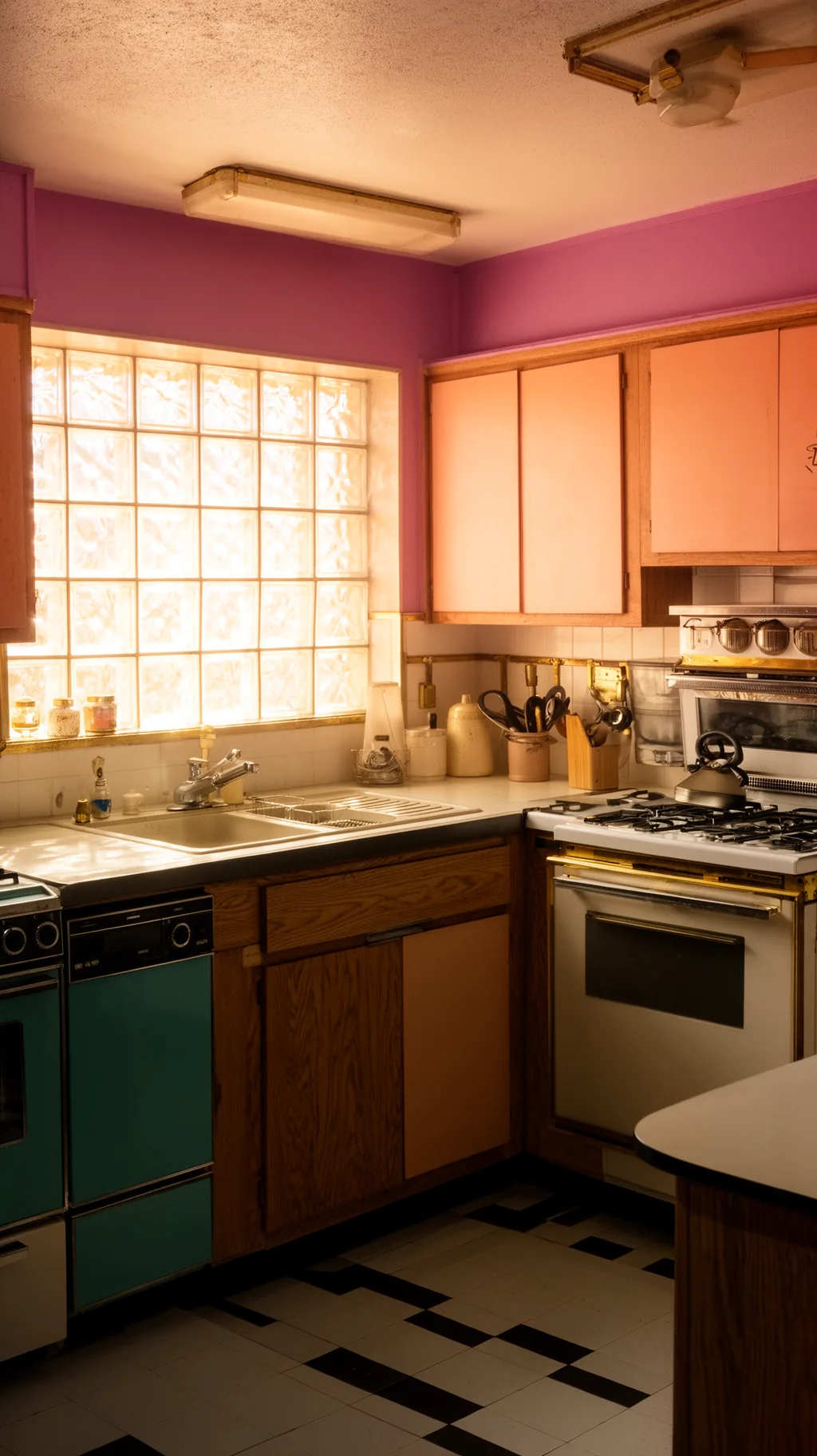 Glass block window in an 80s kitchen