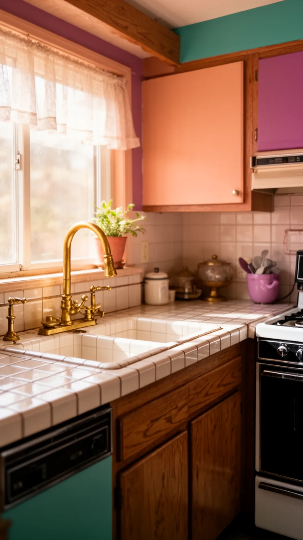 Brass faucet in an 80s kitchen