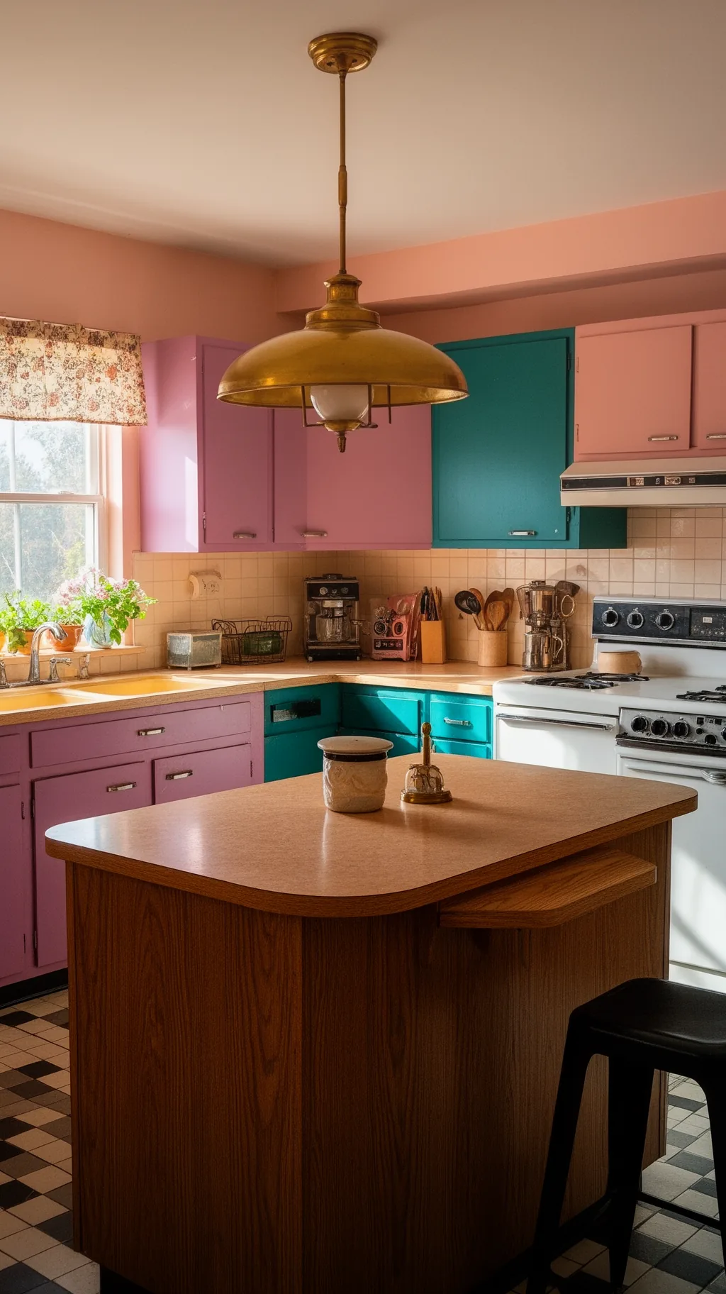 Brass pendant light in an 80s kitchen