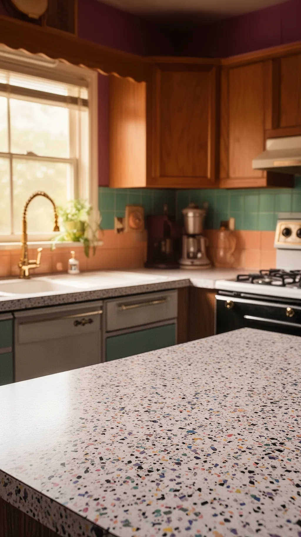 Confetti laminate counter in an 80s kitchen