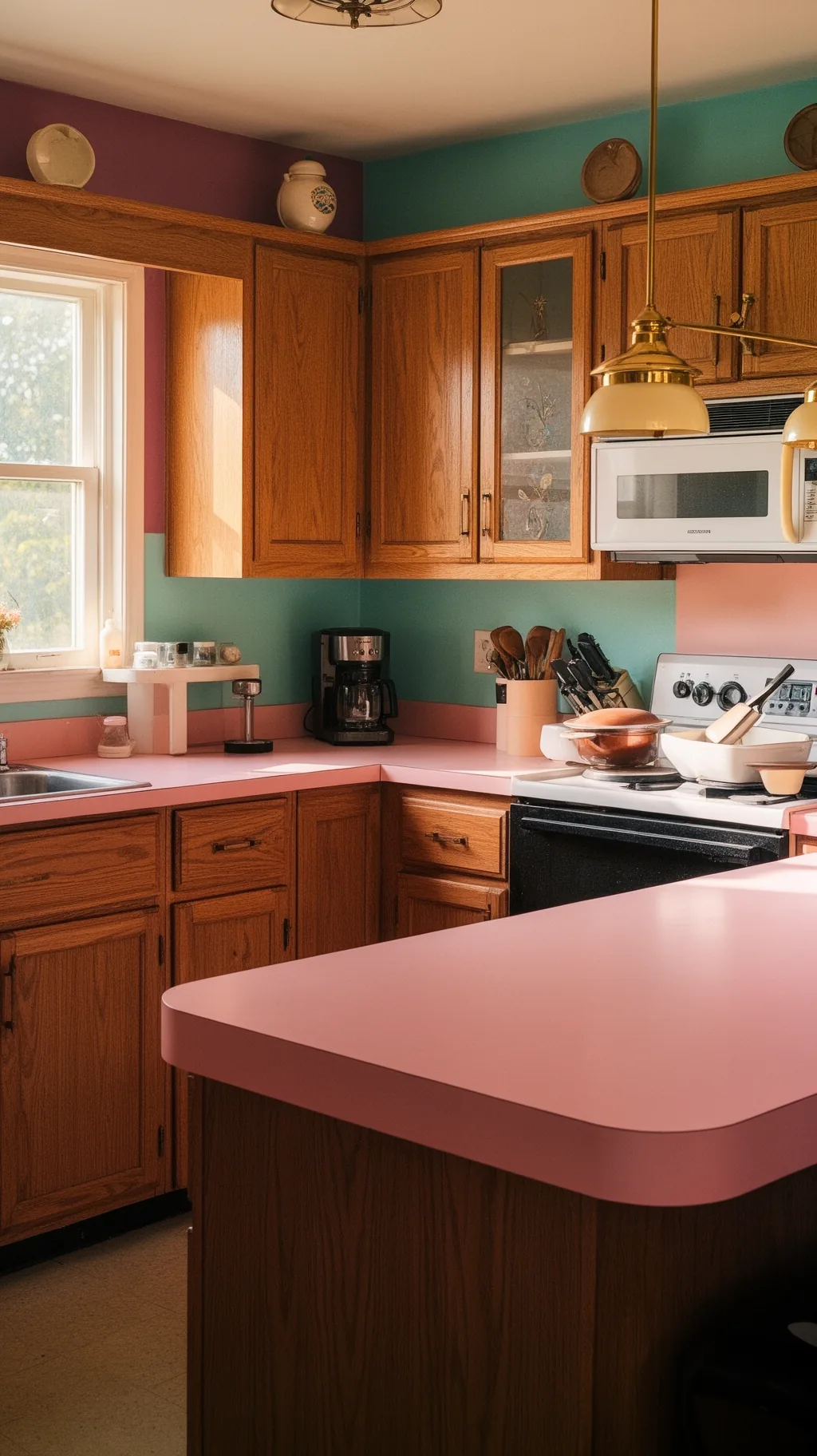 Pink laminate counter in an 80s kitchen