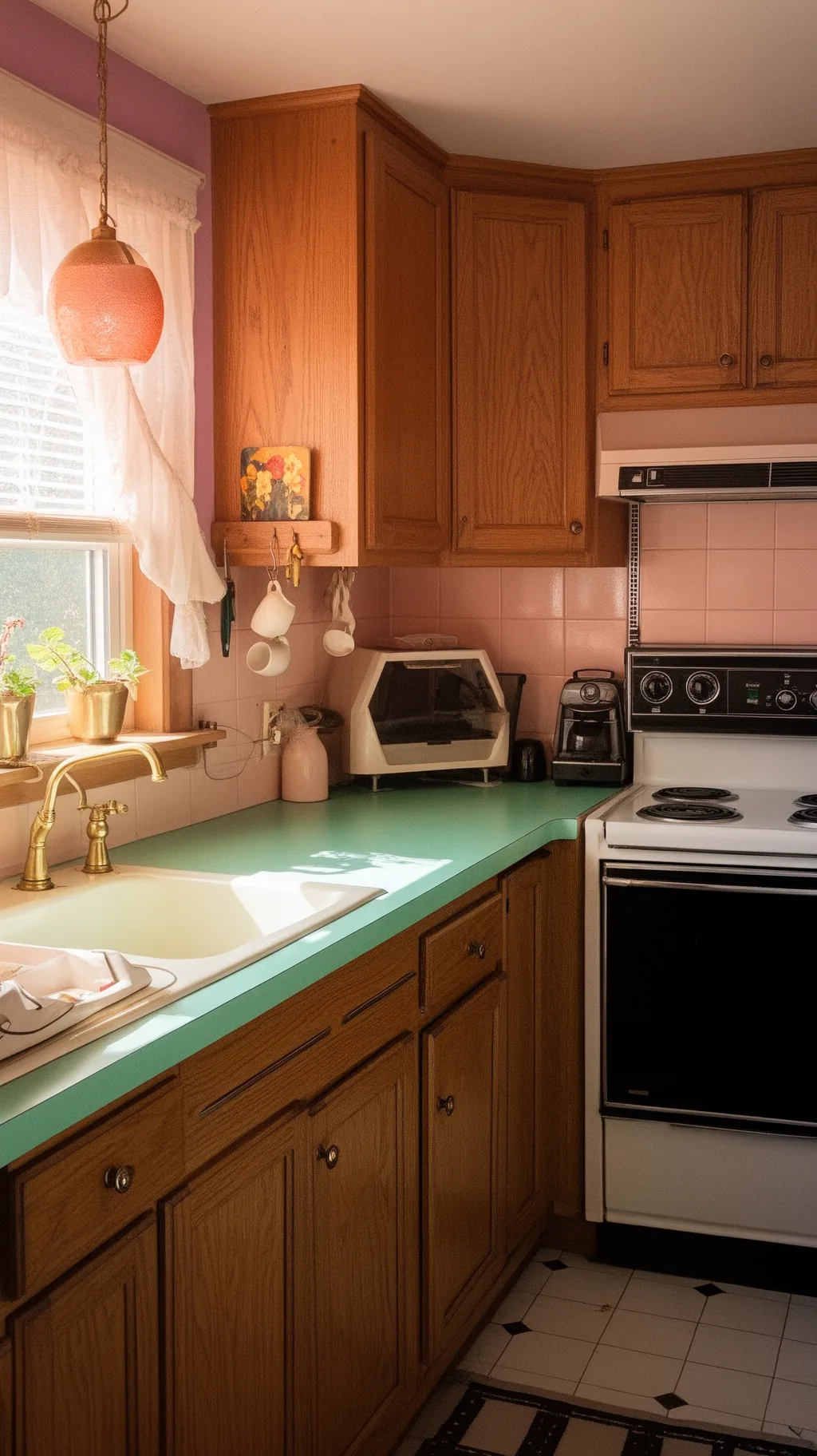 Mint laminate counter in an 80s kitchen