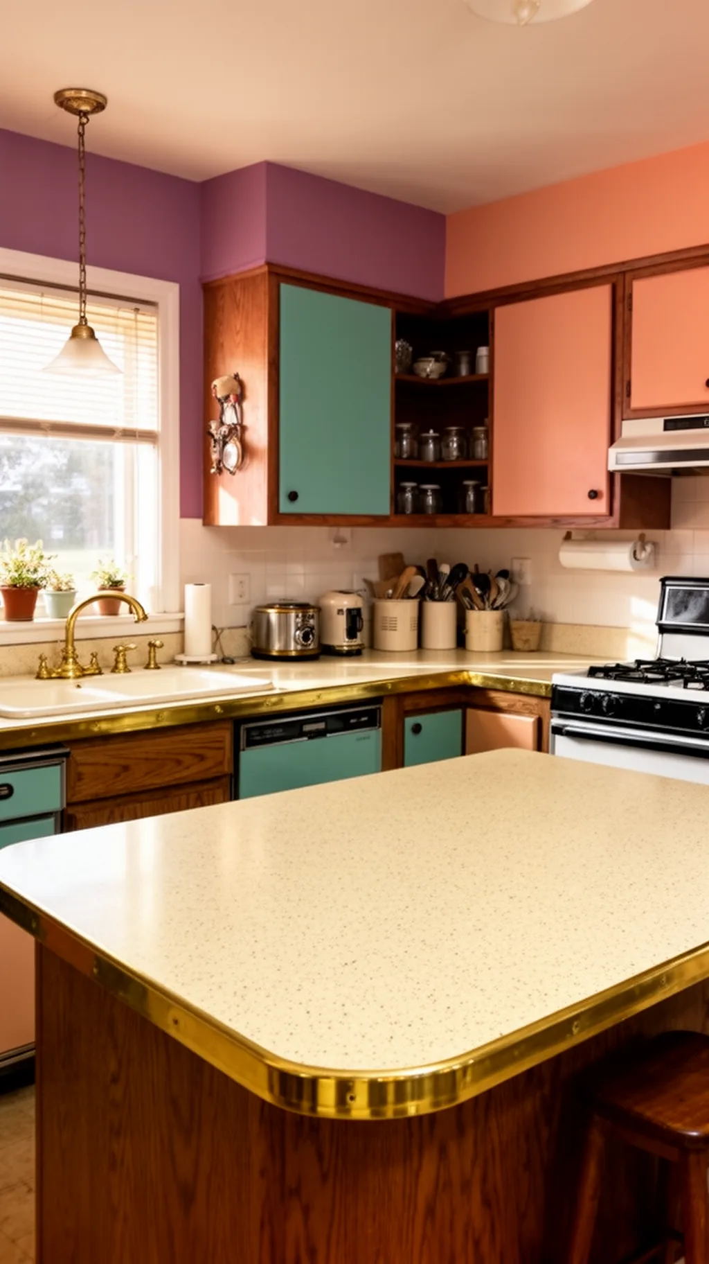 Cream speckled laminate in an 80s kitchen
