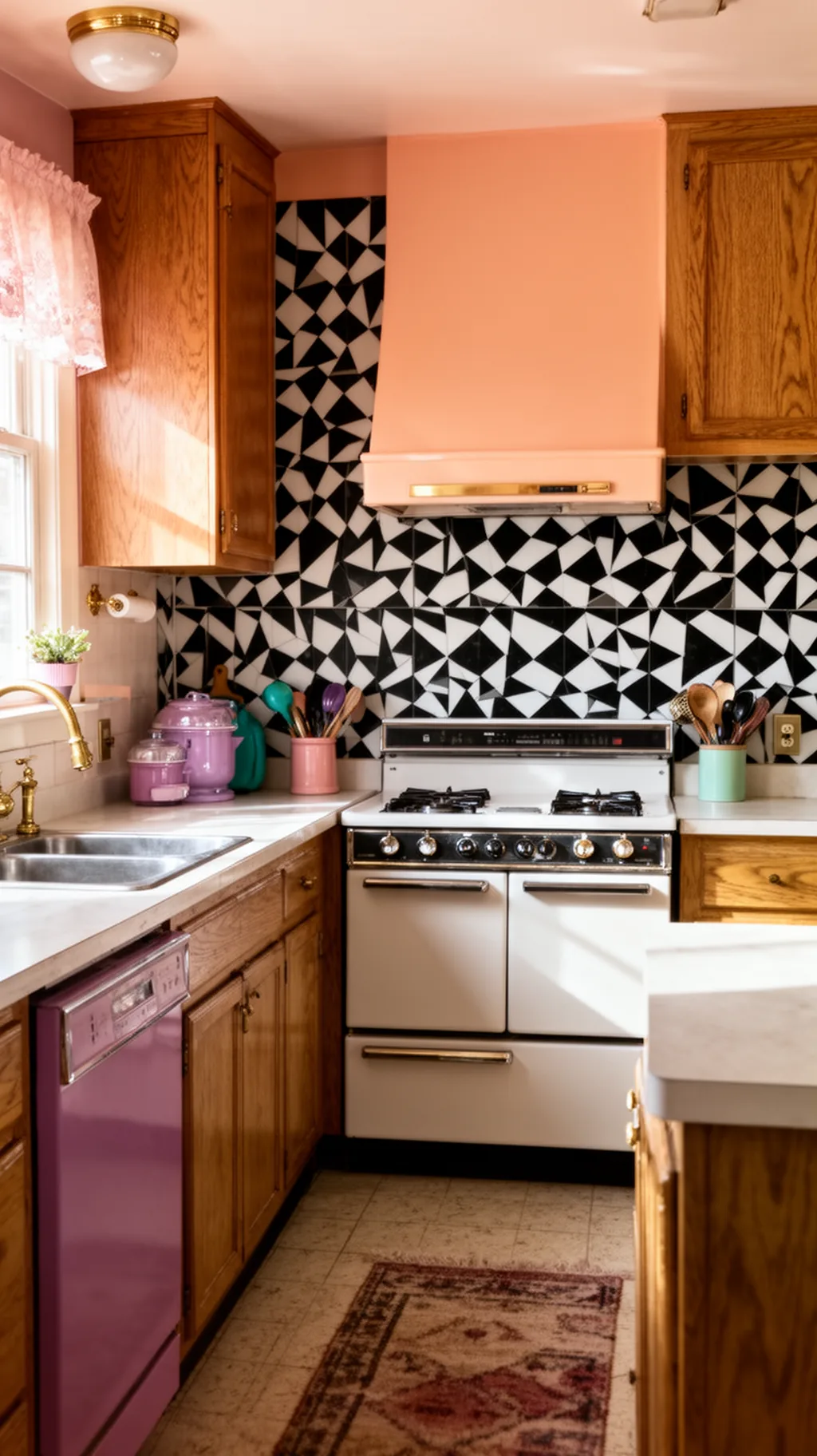 Geometric tile backsplash in an 80s kitchen