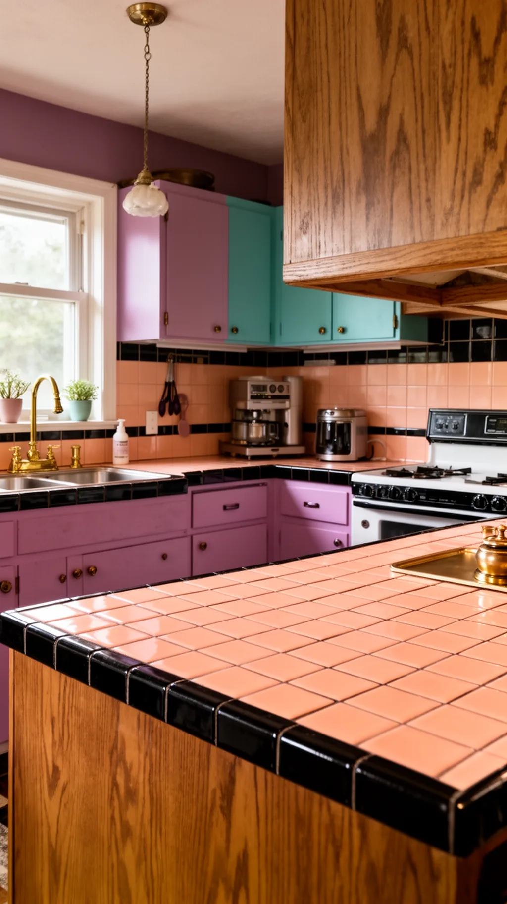 Peach tile counter in an 80s kitchen