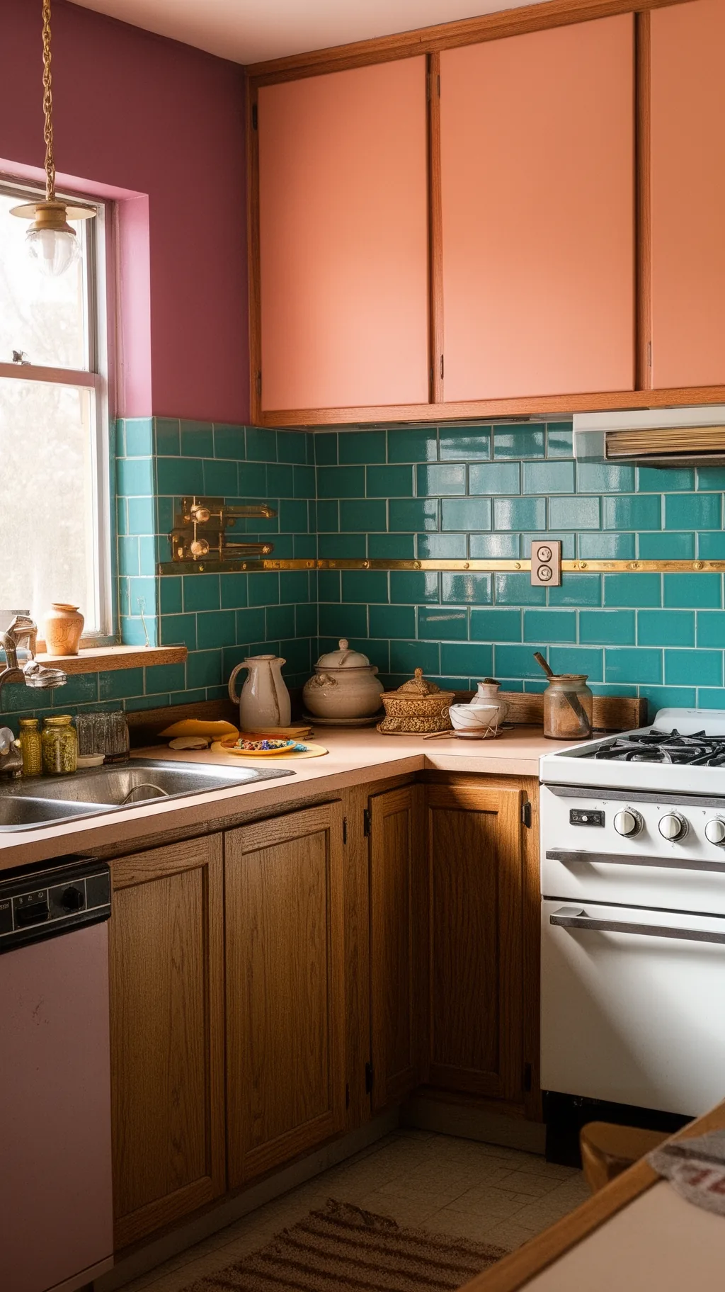 Teal tile backsplash in an 80s kitchen