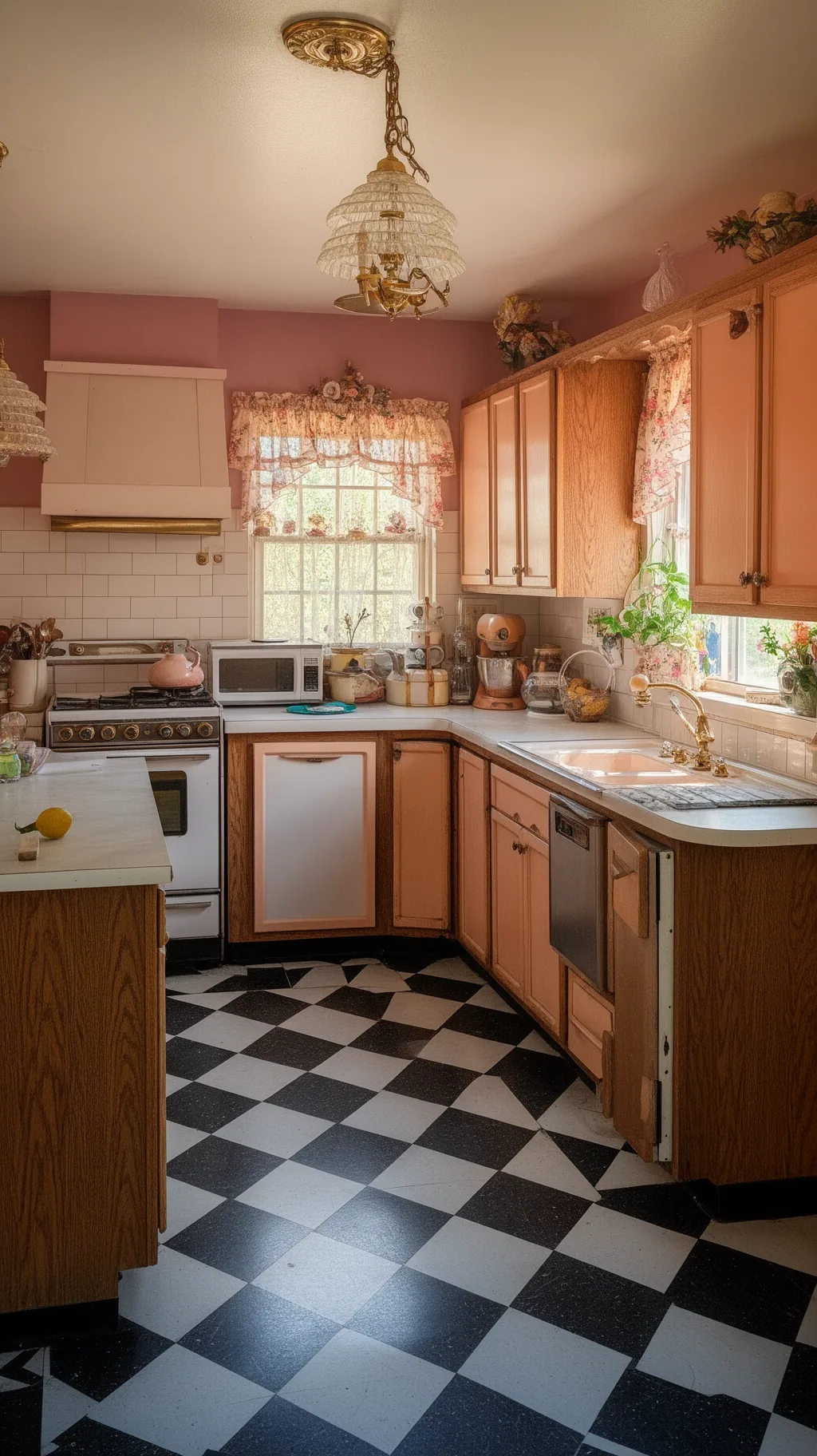 Checkerboard tile floor in an 80s kitchen