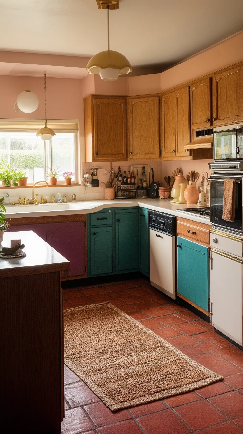 Terracotta tile floor in an 80s kitchen