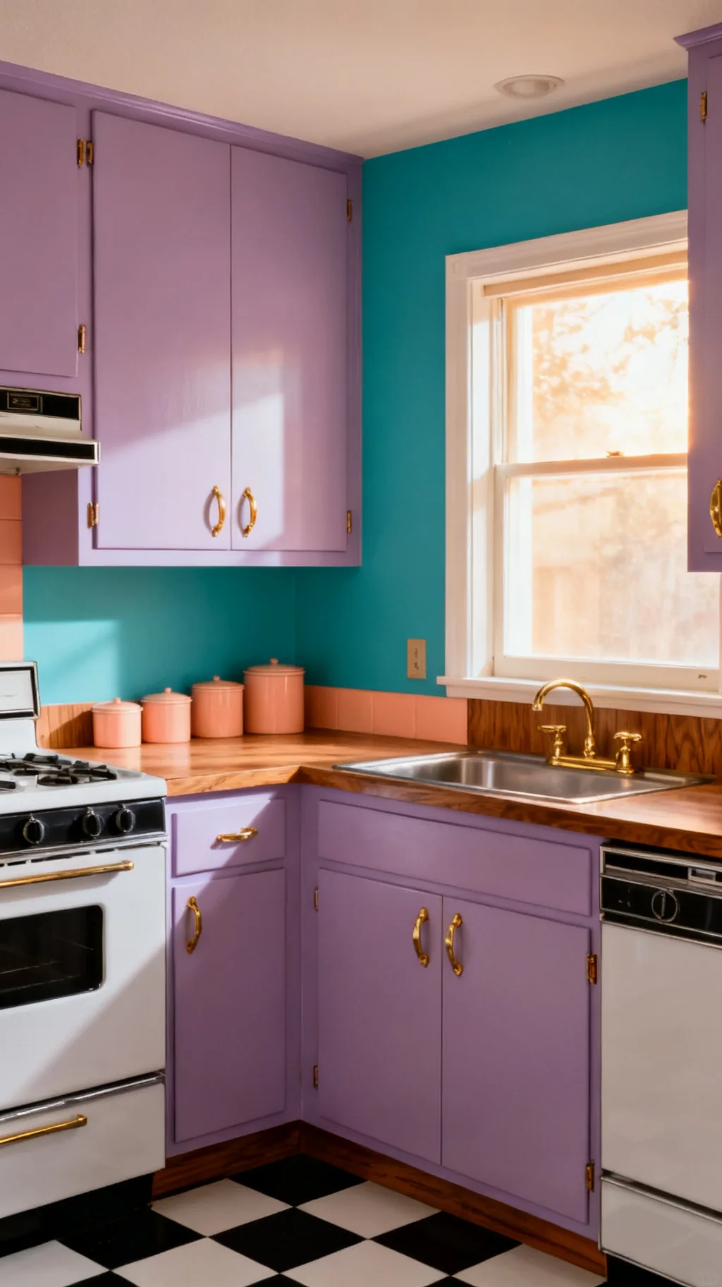 Mauve and teal 80s kitchen color scheme with brass hardware