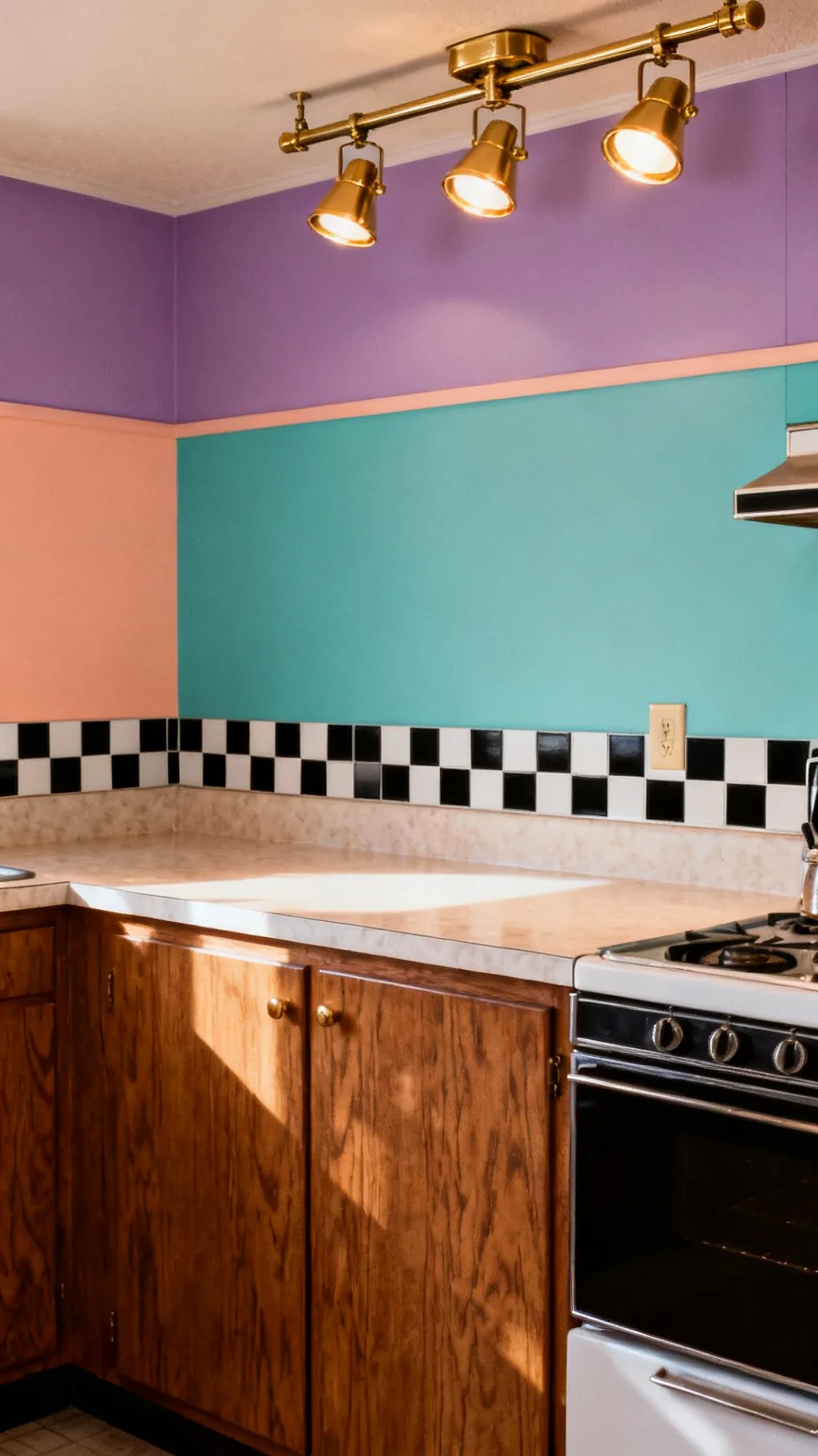 Track lighting in an 80s style kitchen over the counter