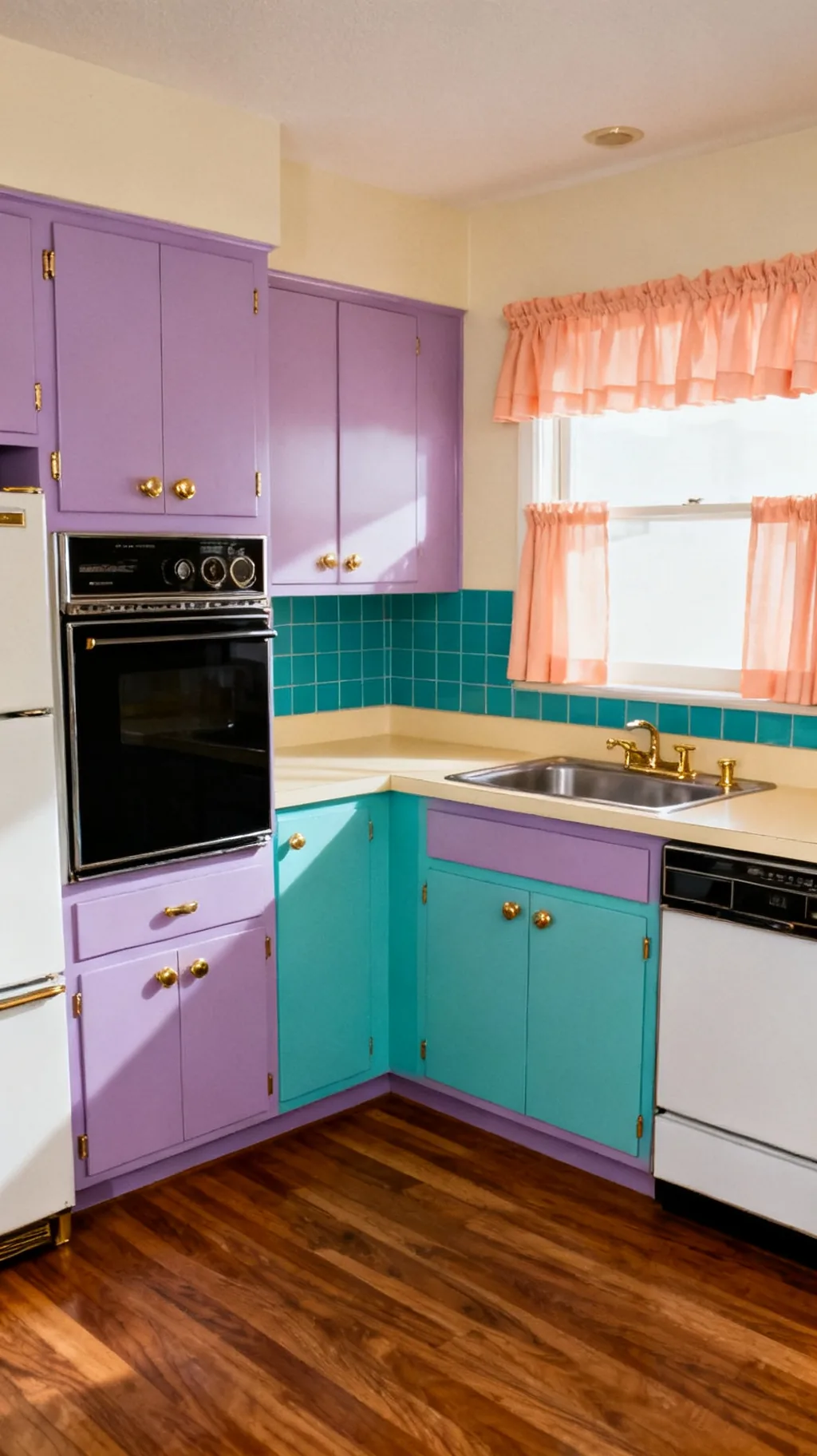 An 80s kitchen color palette with mauve, teal, and cream