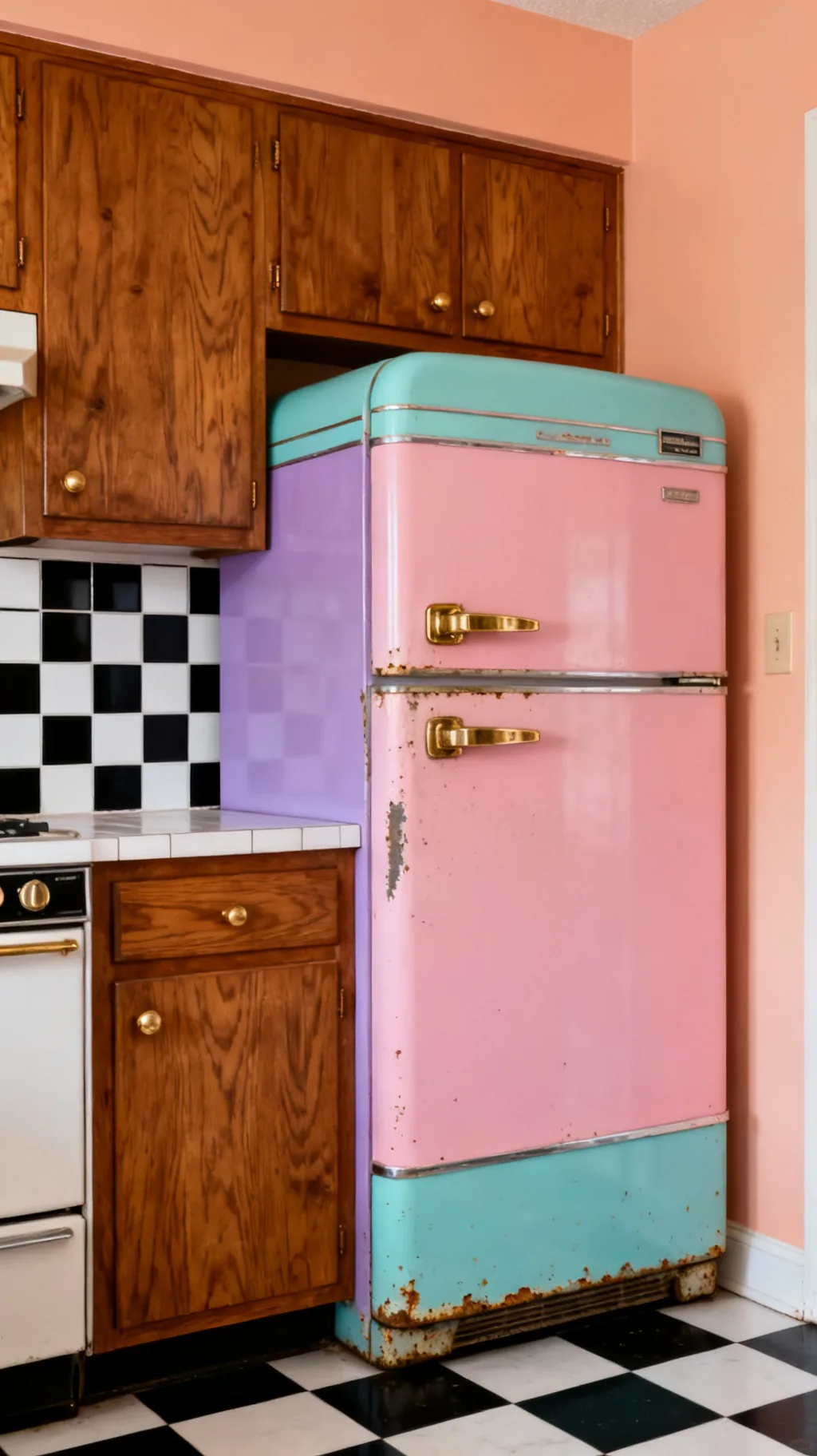 Pastel pink retro appliance as a statement in an 80s kitchen