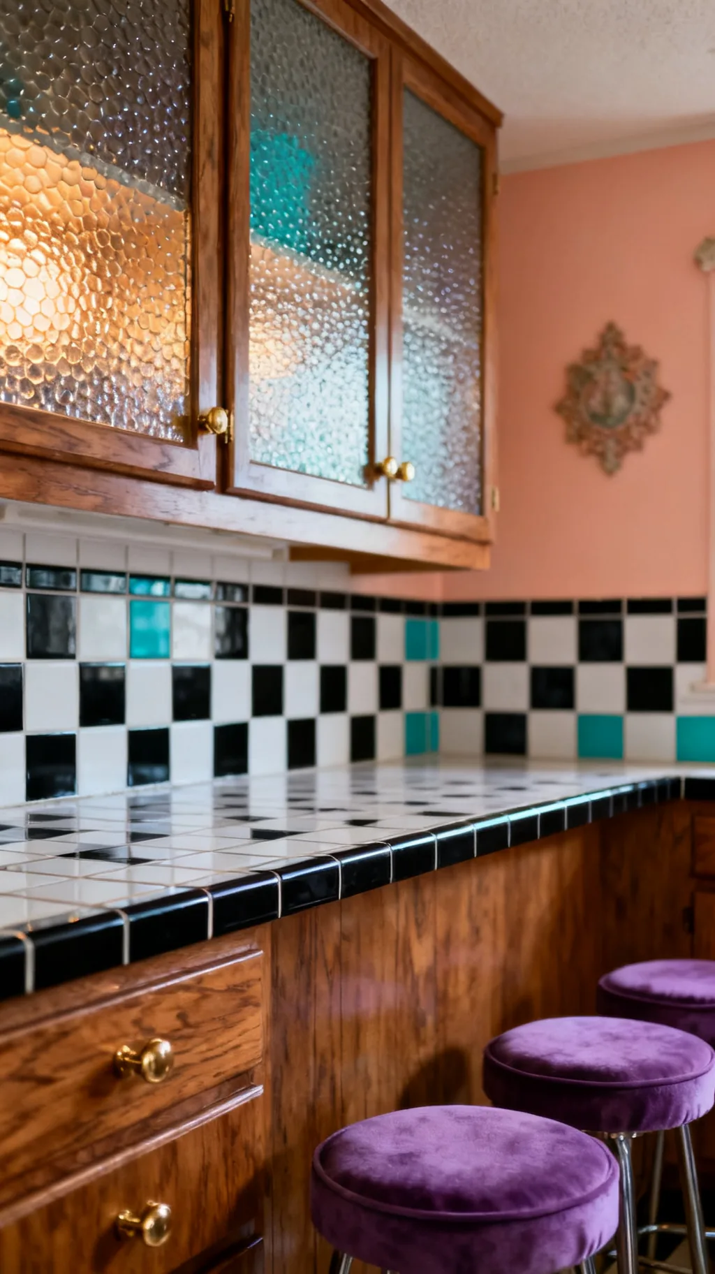 Frosted glass cabinet fronts in an 80s style kitchen