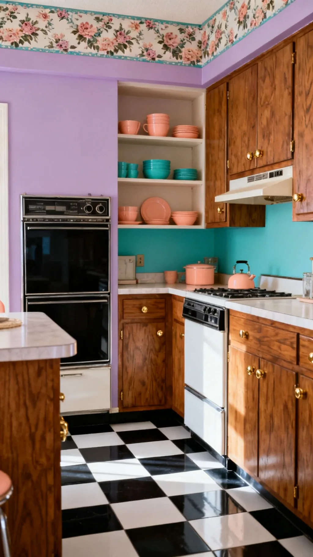 Bold floral wallpaper border in an 80s kitchen