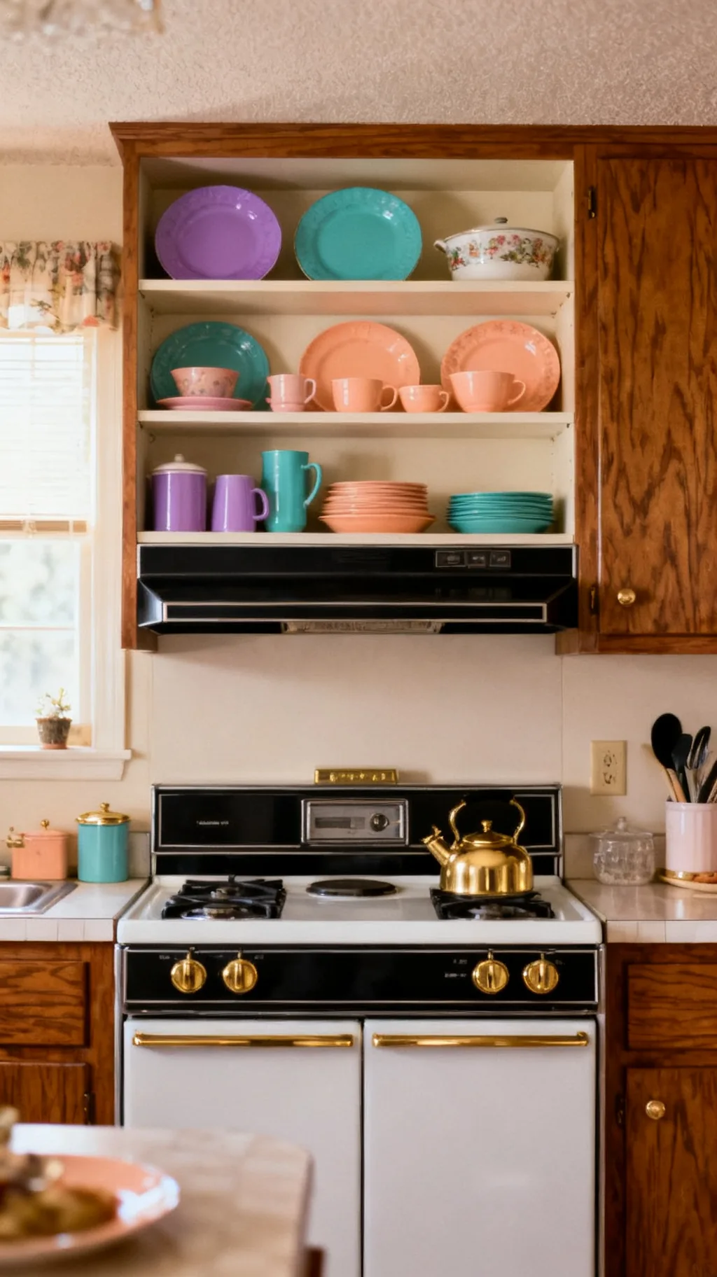 Open shelving with colorful dishware in an 80s kitchen
