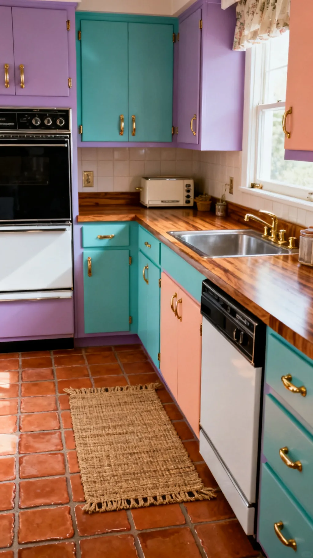 Terracotta tile floor in an 80s style kitchen