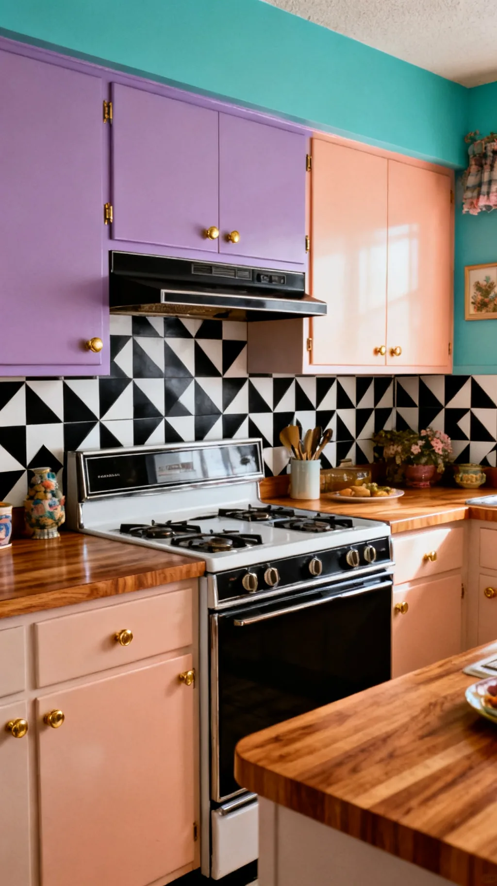 High-contrast geometric backsplash in an 80s kitchen